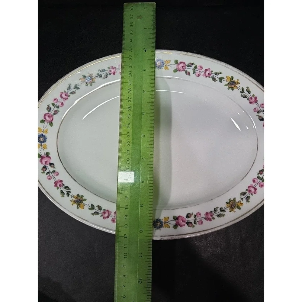 C Ahrenfeldt Limoges Depose Oval Platter, White Bone China, Vtg‎ Floral Border